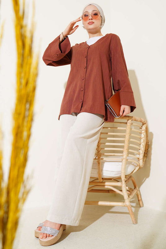 V Yaka Salaş Keten Gömlek Kiremit