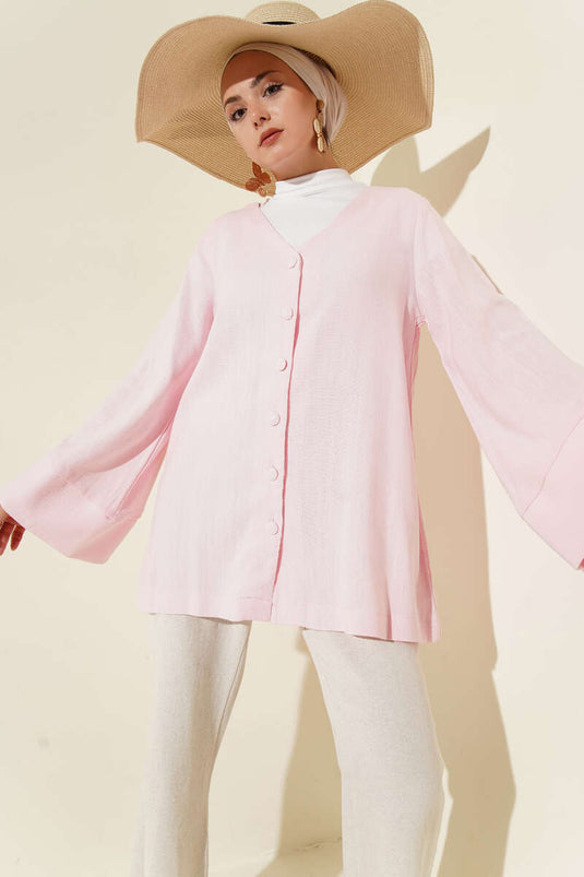 V-Neck Loose Fit Linen Shirt Pink