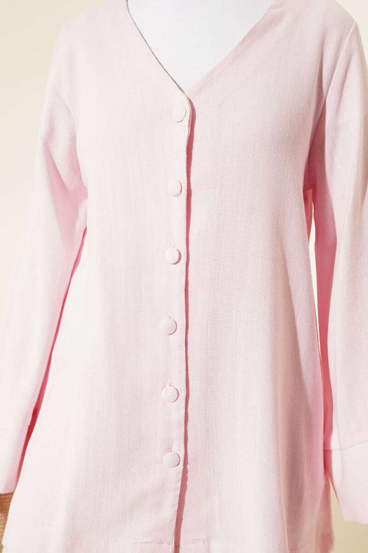 V-Neck Loose Fit Linen Shirt Pink
