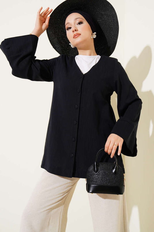 V Yaka Salaş Keten Gömlek Siyah