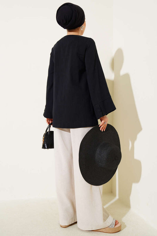 V Yaka Salaş Keten Gömlek Siyah