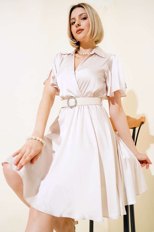 V Neck Satin Dress Beige