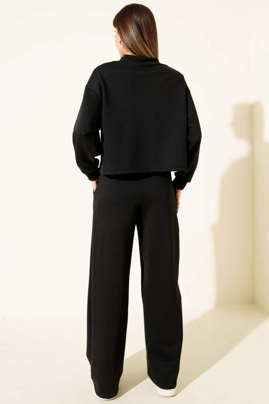 V Yaka Şeritli Sweatshirt İkili Takım Siyah