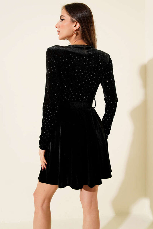 V Yaka Taşlı Mini Kadife Elbise Siyah