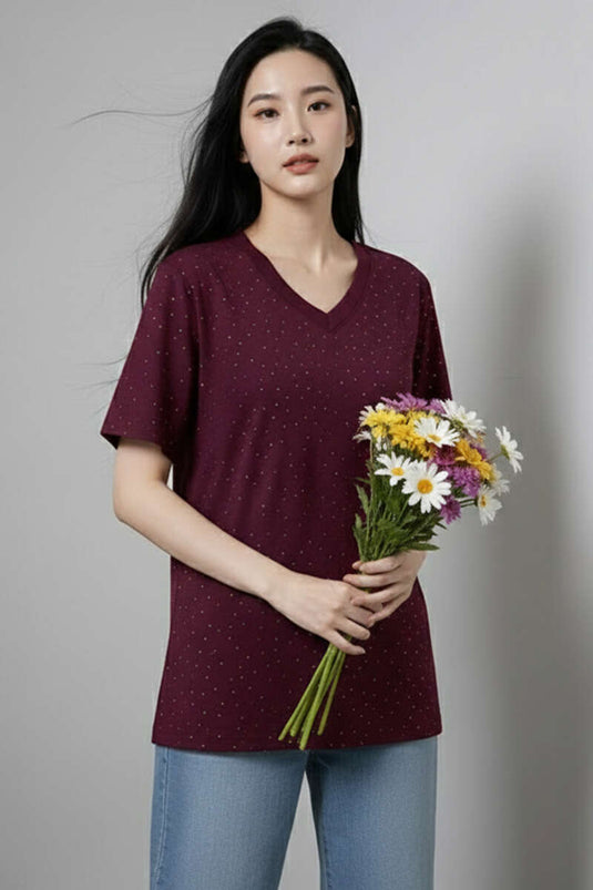 V-neck Stone-Embellished T-shirt Burgundy