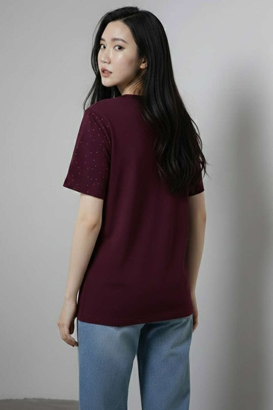 V-neck Stone-Embellished T-shirt Burgundy