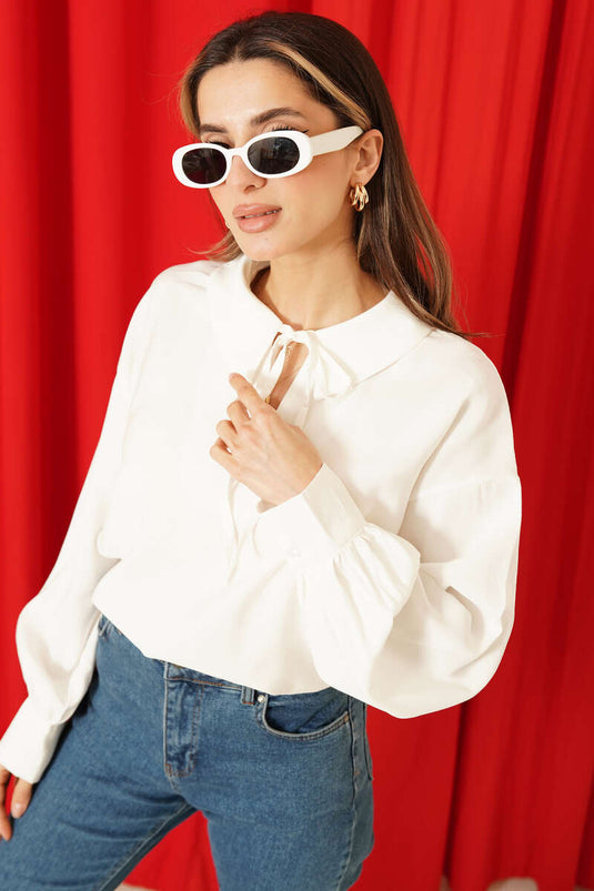 V Yaka Uzun Kol Tensel Bluz Ekru