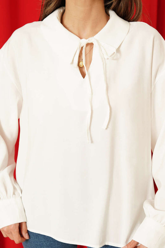 V Yaka Uzun Kol Tensel Bluz Ekru