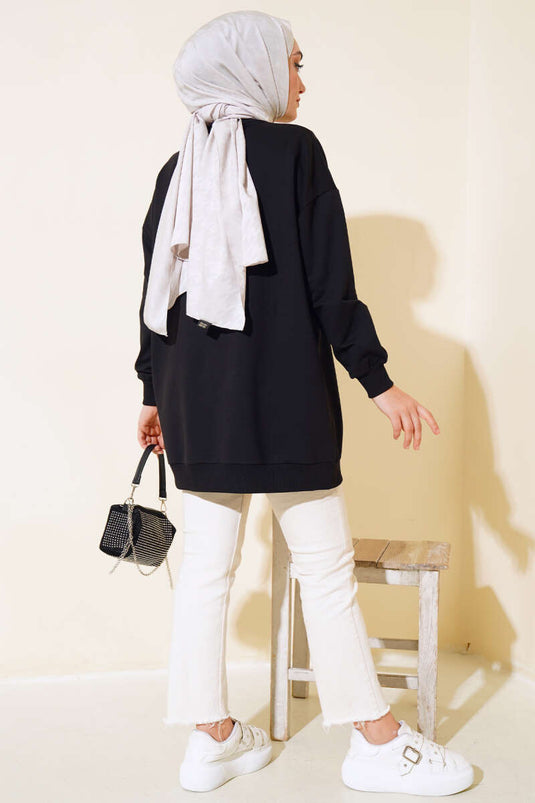 Sweat-shirt Imprimé Feuille Noir