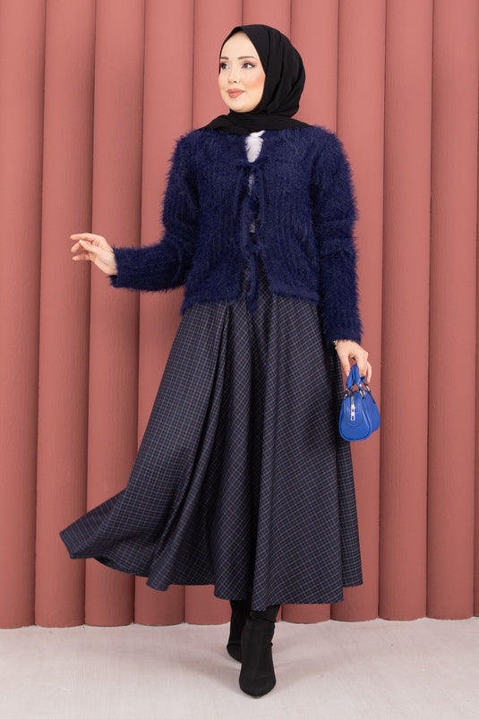 Vera Cardigan mit Bindeband vorne, Plüsch, Marineblau