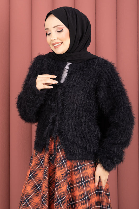 Vera Cardigan mit Bindeband vorne, Plüsch, Schwarz