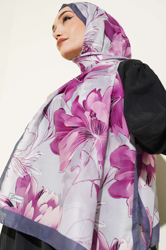 Menekşe Desen Şerit Geçişli Şal Füme