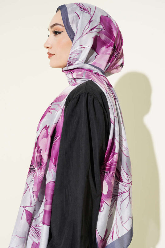 Menekşe Desen Şerit Geçişli Şal Füme