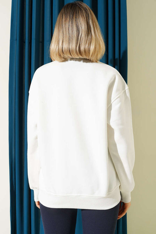 سويت شيرت قديم الطراز بسحاب وثلاث خيوط بلون عاجي