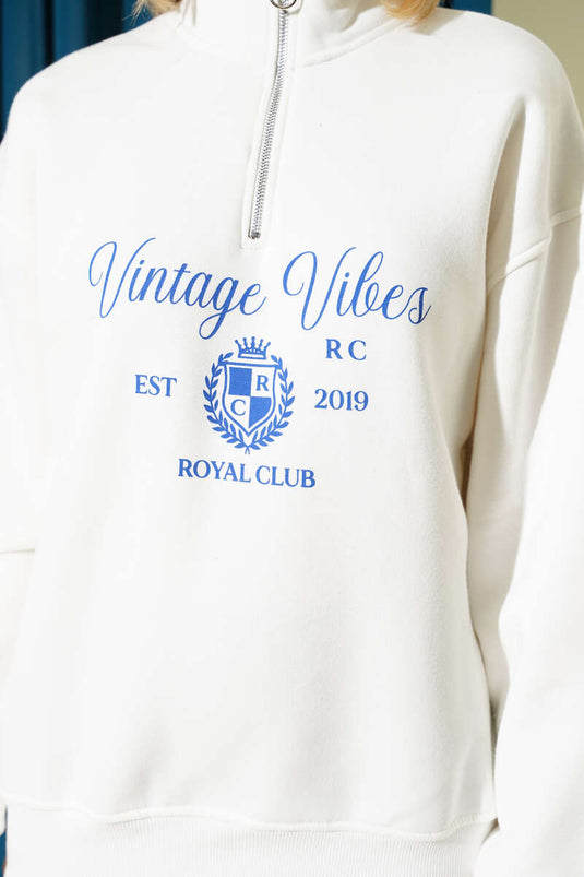 سويت شيرت قديم الطراز بسحاب وثلاث خيوط بلون عاجي