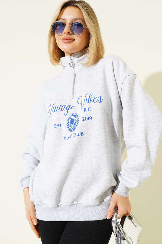 سويت شيرت رمادي قديم الطراز بسحاب وثلاث خيوط مطبوع