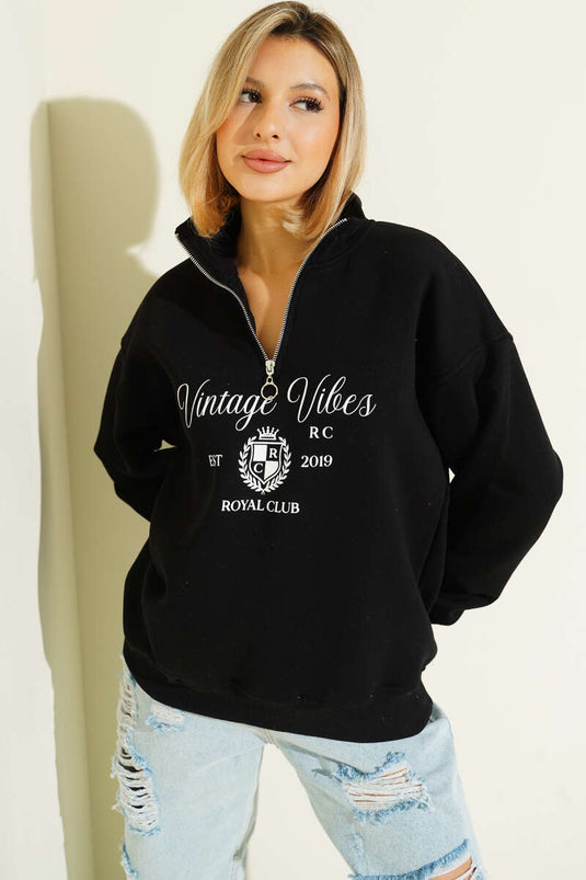 سويت شيرت أسود بسحاب وثلاث خيوط بطبعة عتيقة