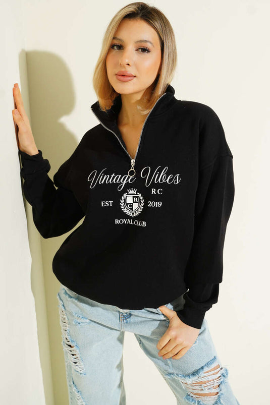 سويت شيرت أسود بسحاب وثلاث خيوط بطبعة عتيقة