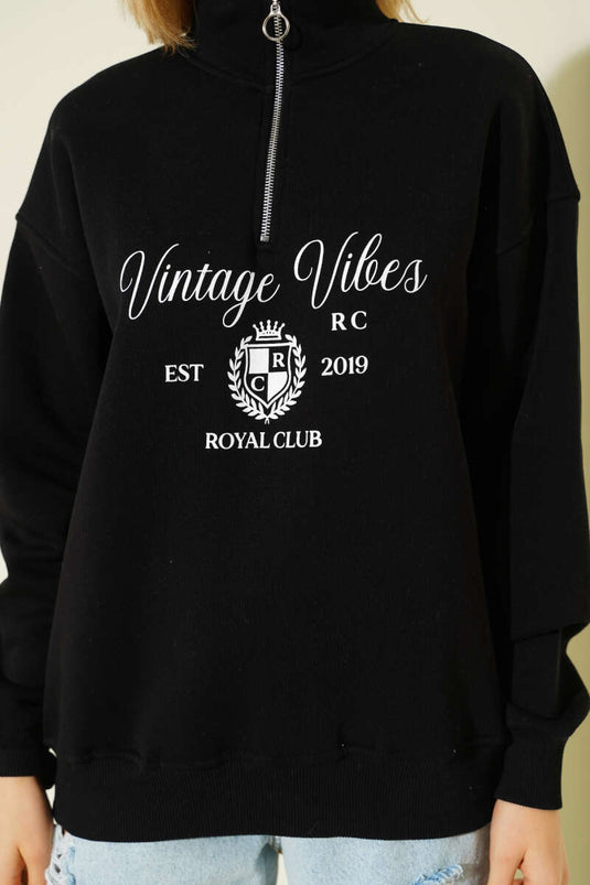 سويت شيرت أسود بسحاب وثلاث خيوط بطبعة عتيقة