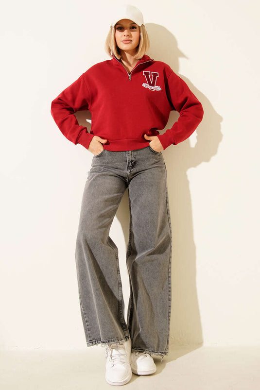 Vintage Baskılı Üç İpli Sweatshirt Kırmızı