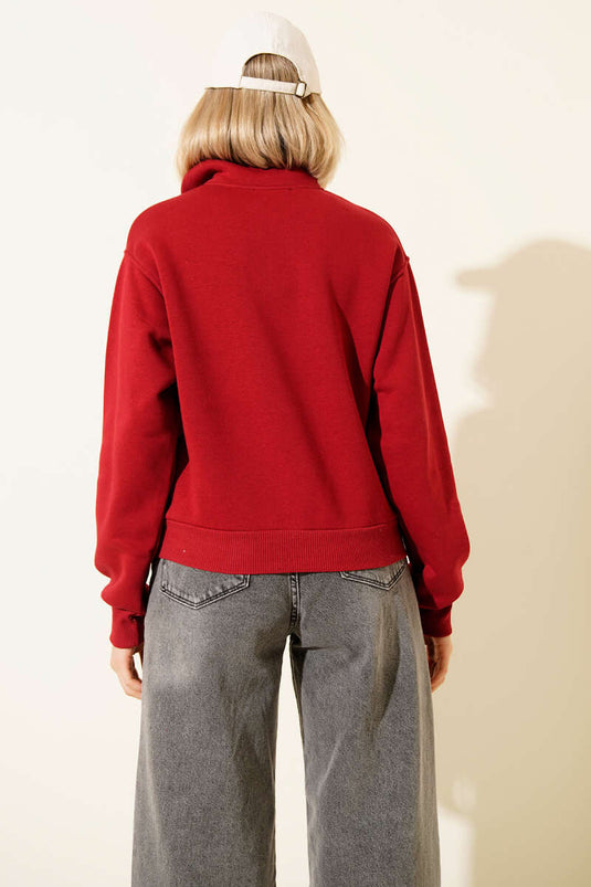 Vintage Baskılı Üç İpli Sweatshirt Kırmızı