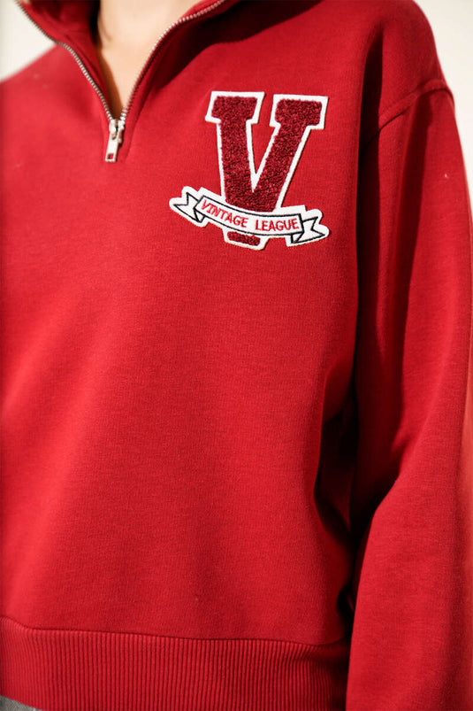 Vintage Baskılı Üç İpli Sweatshirt Kırmızı