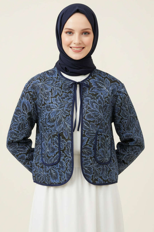 Vintage Pattern Short Jacket Navy Blue