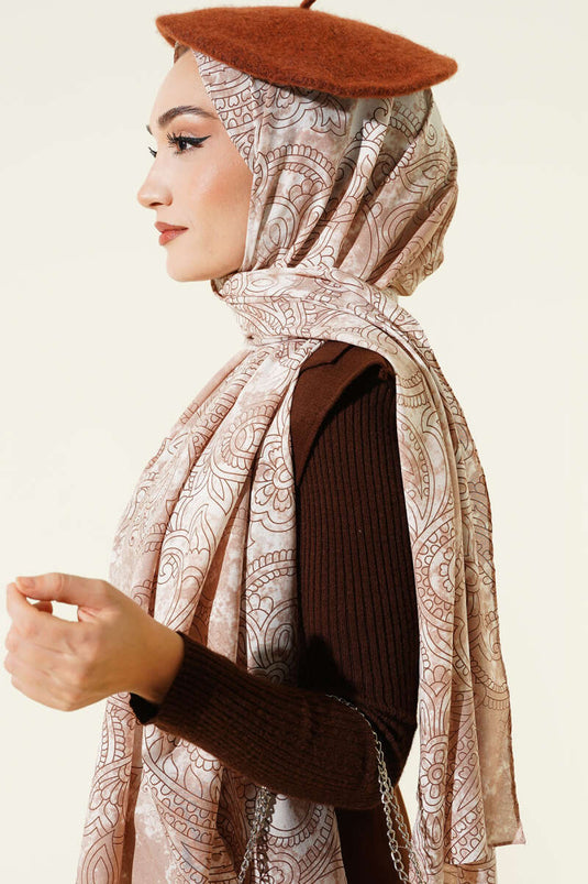 Vintage Gül Desenli Şal Latte