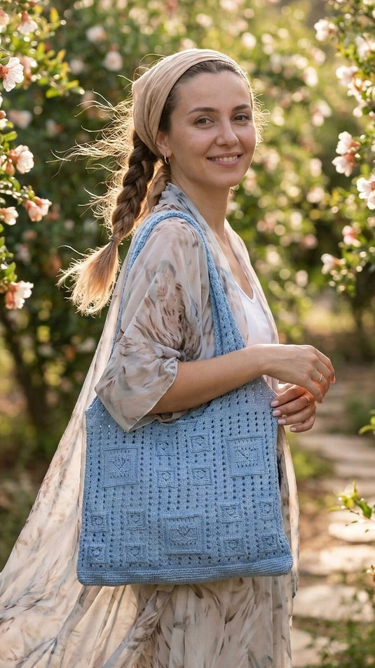 Borsa Estiva Vintage con Motivo a Quadri Azzurro Bebè
