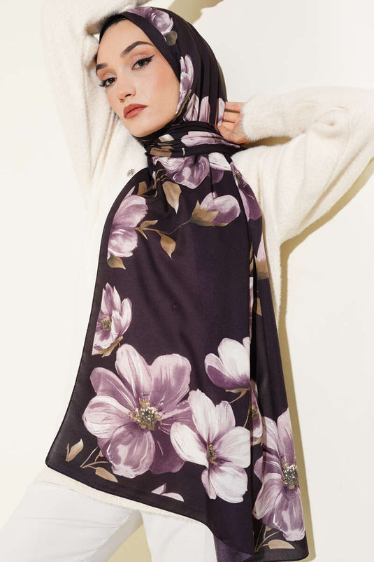 Écharpe vintage à motif rose, prune -15