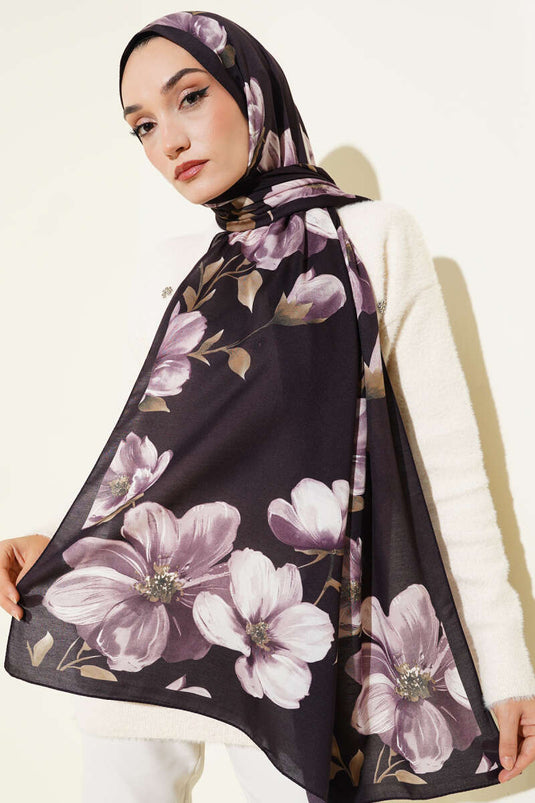 Écharpe vintage à motif rose, prune -15