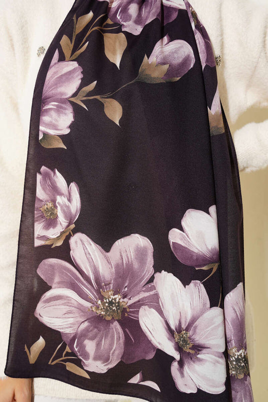 Écharpe vintage à motif rose, prune -15