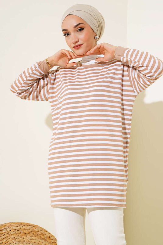 Viskon Yatay Çizgili Tunik Latte