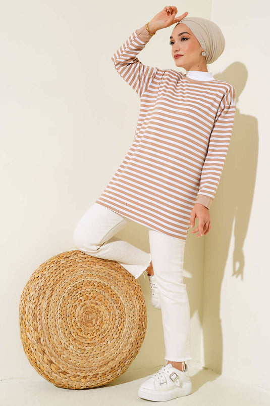 Tunique à rayures horizontales en viscose couleur latte