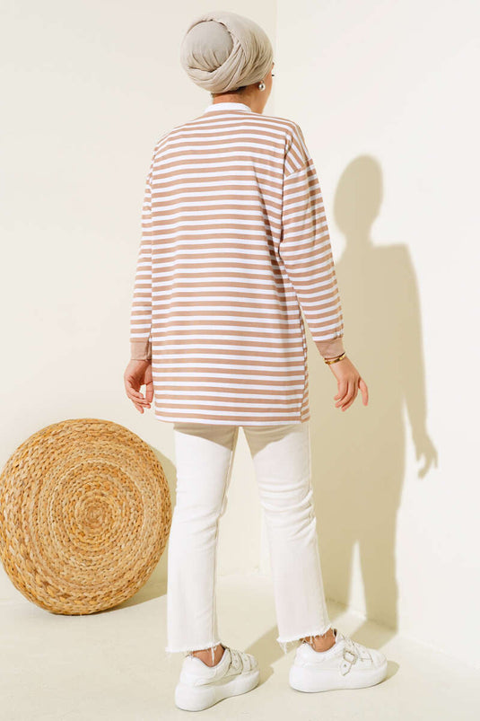 Viskon Yatay Çizgili Tunik Latte