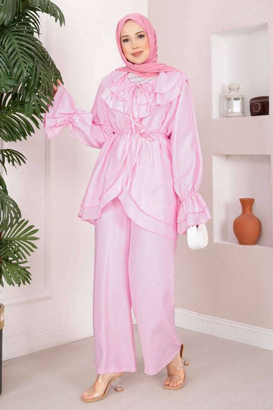 Volan Detaylı Bağcıklı Tunik Pantolon Takım Pembe