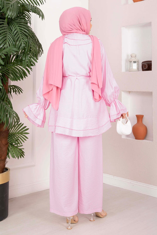 Volan Detaylı Bağcıklı Tunik Pantolon Takım Pembe