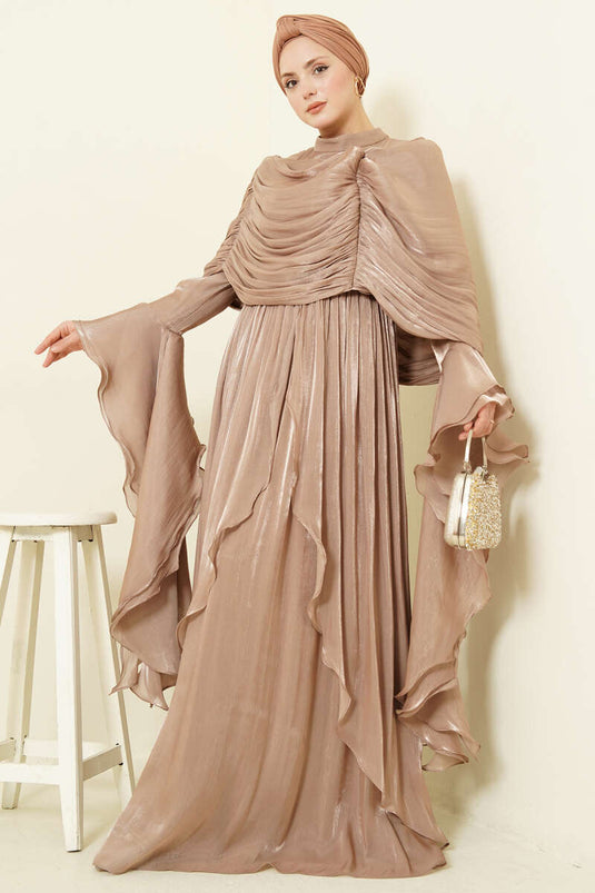 Volan Detaylı Drapeli Fırfırlı Abiye Elbise Bej