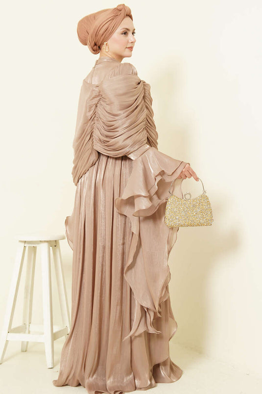 Volan Detaylı Drapeli Fırfırlı Abiye Elbise Bej