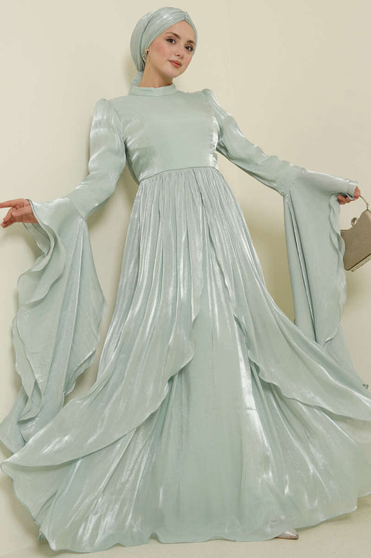 Volan Detaylı Drapeli Fırfırlı Abiye Elbise Mint