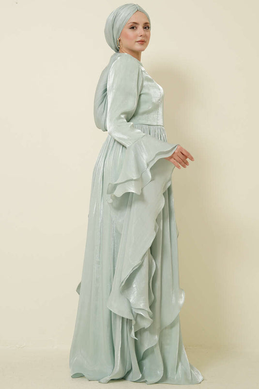 Volan Detaylı Drapeli Fırfırlı Abiye Elbise Mint