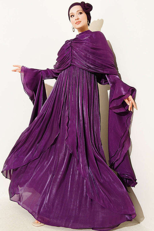 Robe de soirée drapée à volants avec détails volantés, couleur violet