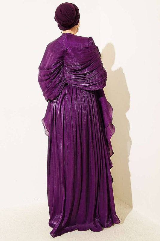 Robe de soirée drapée à volants avec détails volantés, couleur violet