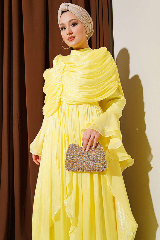 Robe de soirée drapée à volants avec détails volantés jaune