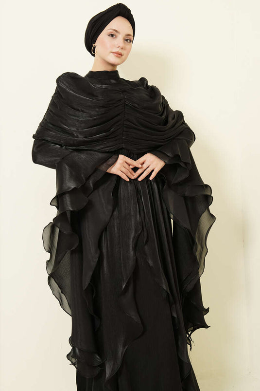 Volan Detaylı Drapeli Fırfırlı Abiye Elbise Siyah