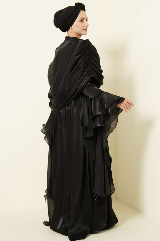 Volan Detaylı Drapeli Fırfırlı Abiye Elbise Siyah