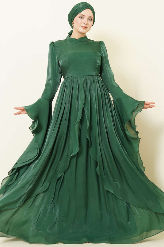 Robe de soirée drapée à volants avec détails volantés Émeraude