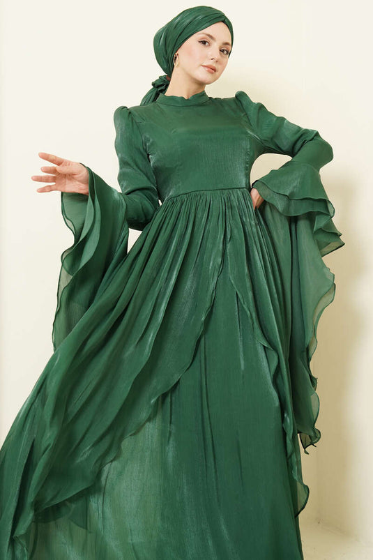 Volan Detaylı Drapeli Fırfırlı Abiye Elbise Zümrüt