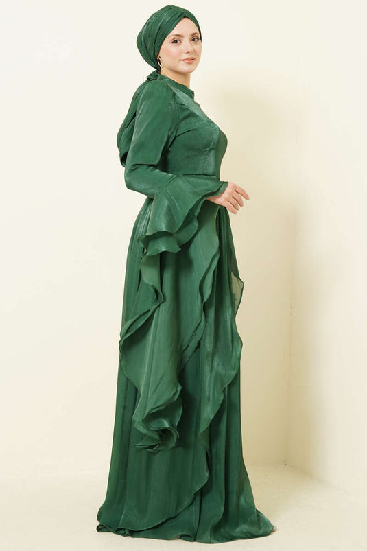 Volan Detaylı Drapeli Fırfırlı Abiye Elbise Zümrüt