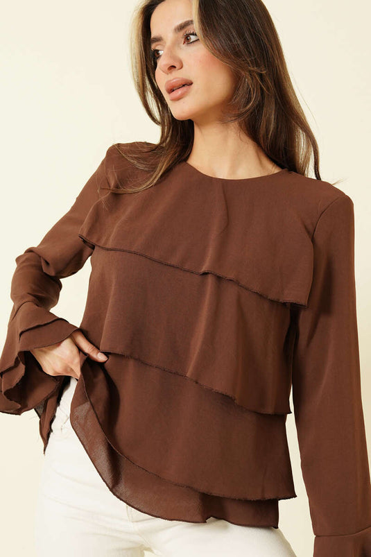 Blouse à volants aux manches volantées marron